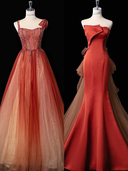 Pretty Mermaid Strapless Satin Long Rust Red Ruffles Long Prom Dresses Formal Evening Dress SD2354