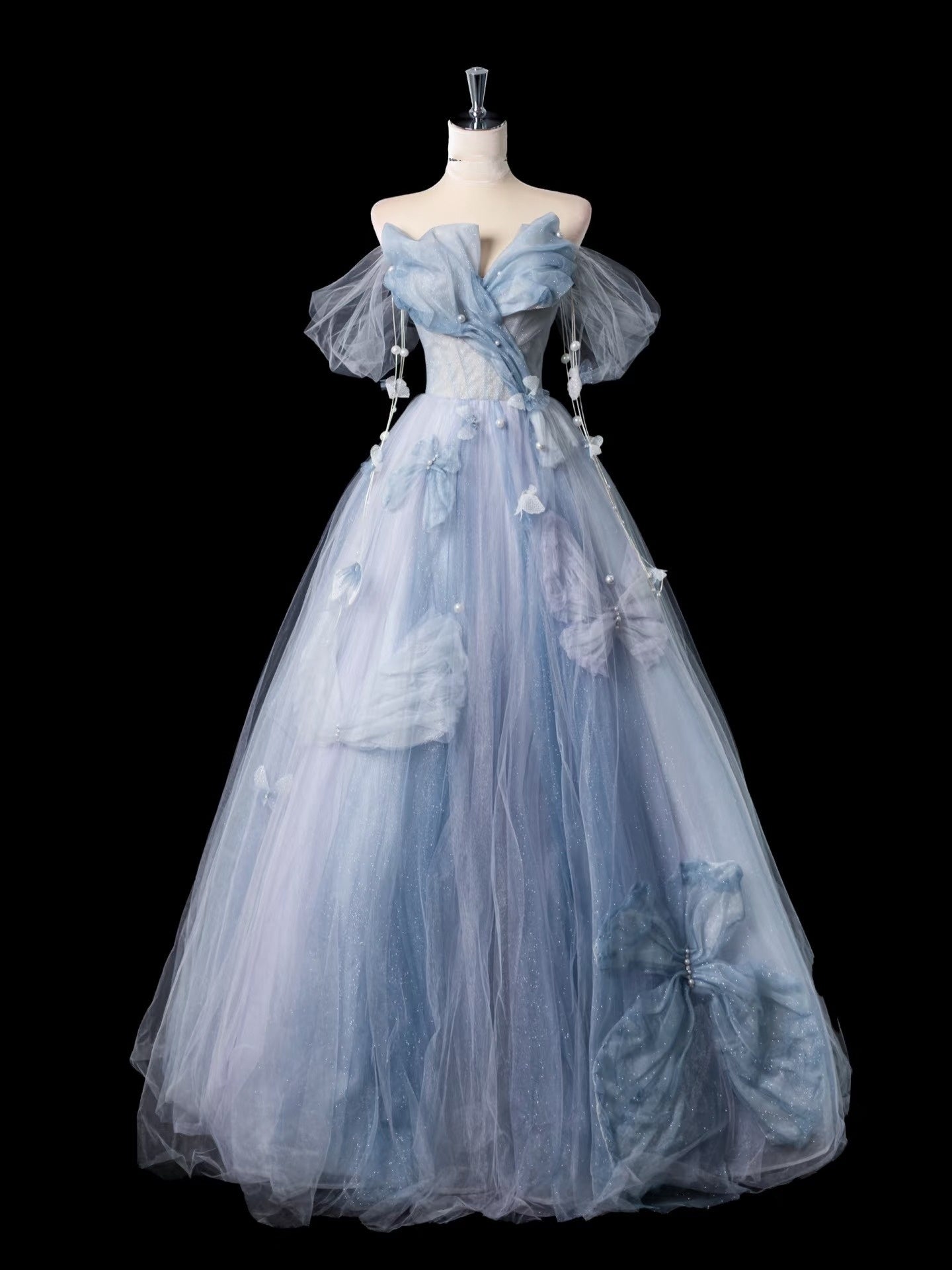 Formal Women's Dresses Charming A Line Off the Shoulder Blue Tulle Prom Dresses / Prom Dress Shop