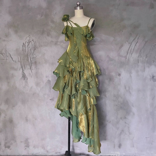 Pretty Irregular Ruffled Spaghetti Straps Green Prom Dresses With Detachable Rose Long Birthday Dress For Women SD236