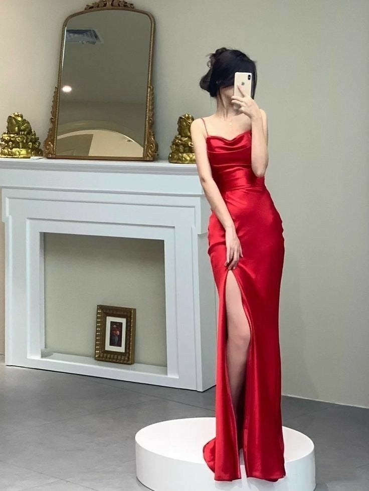 Sexy Sheath Spaghetti Straps Maxi Long Party Red Prom Dresses Evening Dress SD2375