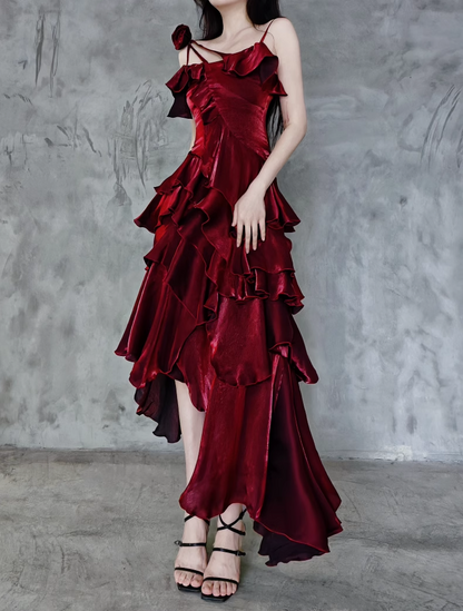 Pretty Irregular Ruffled Spaghetti Straps Burgundy Prom Dresses With Detachable Rose Long Birthday Dress For Women SD237