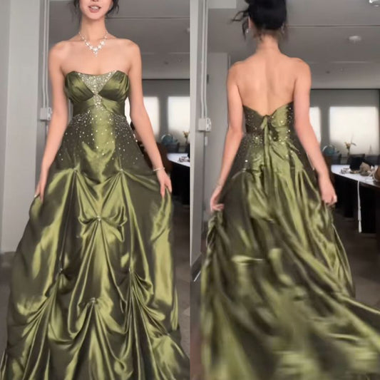 Pretty Ball Gown Strapless Satin Olive Green Long Ruffles Prom Dresses Formal Evening Dress SD2381