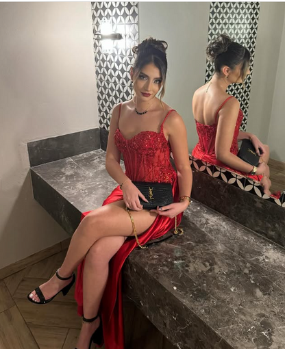 Pretty Mermaid Spaghetti Straps Slit Red Satin Prom Dresses Long Party Dress SD2386