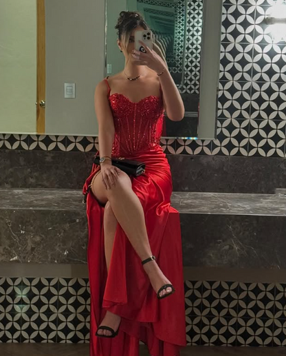 Pretty Mermaid Spaghetti Straps Slit Red Satin Prom Dresses Long Party Dress SD2386