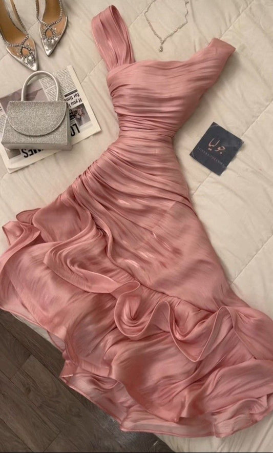 Pretty Sheath Pink Long Ruffles Prom Dresses Formal Evening Dress SD2388