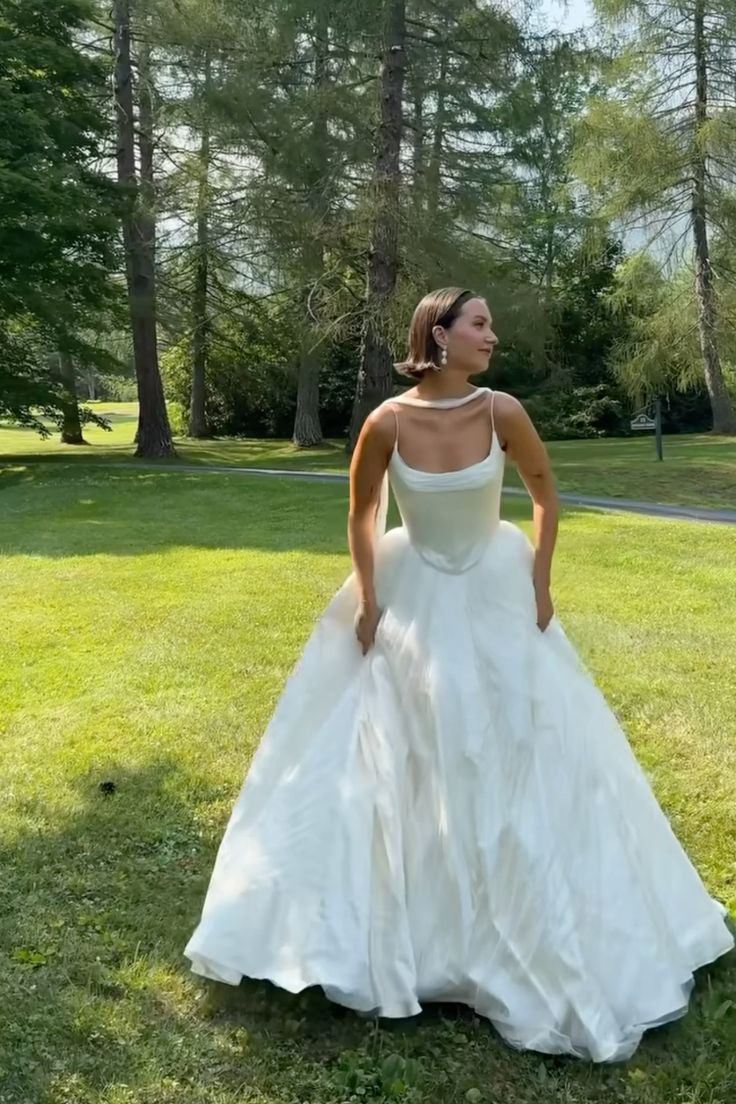 Simple Ball Gown Spaghetti Straps White Satin Long Wedding Dresses Bri