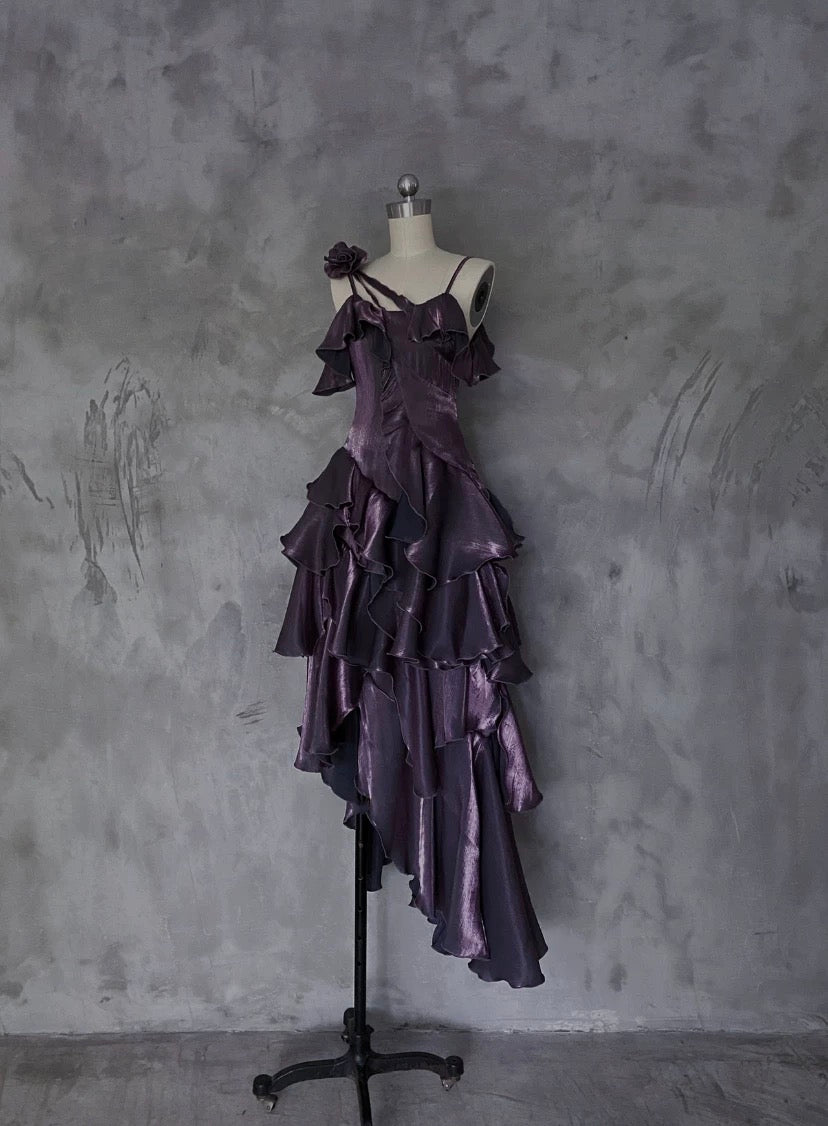 Pretty Irregular Ruffled Spaghetti Straps Grape Prom Dresses With Detachable Rose Long Birthday Dress For Women SD238