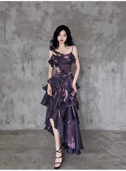 Pretty Irregular Ruffled Spaghetti Straps Grape Prom Dresses With Detachable Rose Long Birthday Dress For Women SD238