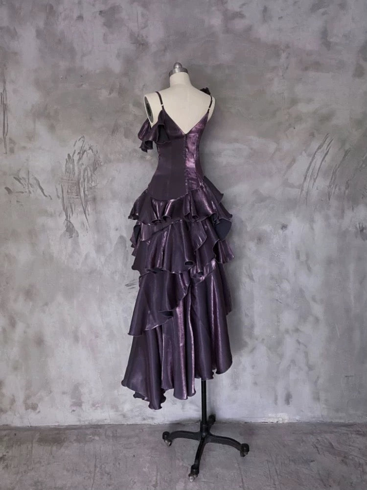 Pretty Irregular Ruffled Spaghetti Straps Grape Prom Dresses With Detachable Rose Long Birthday Dress For Women SD238