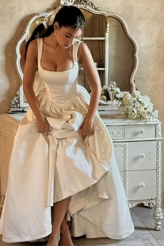 Simple Ball Gown Straps Ivory Satin Long Wedding Dresses Bridal Dress SD2390