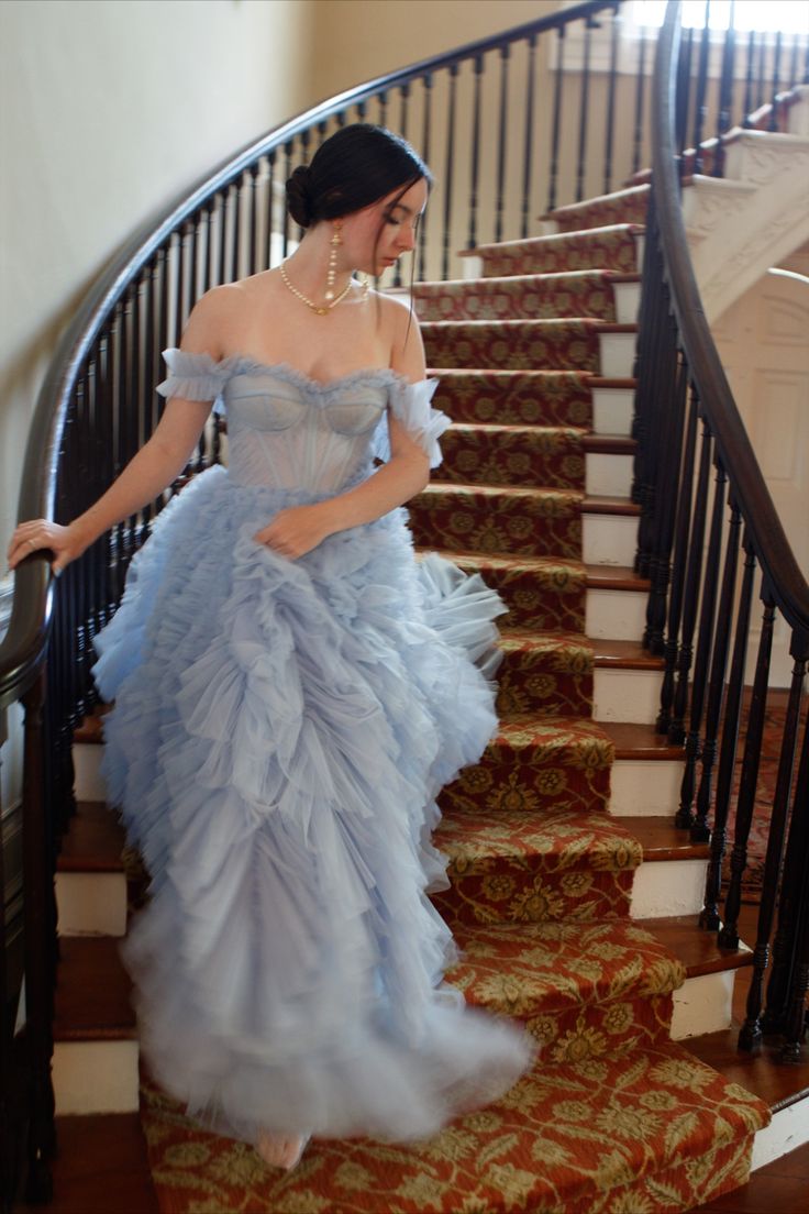 Classy Ball Gown Off The Shoulder Light Sky Blue Tulle Evening Dress Prom Dresses SD2391