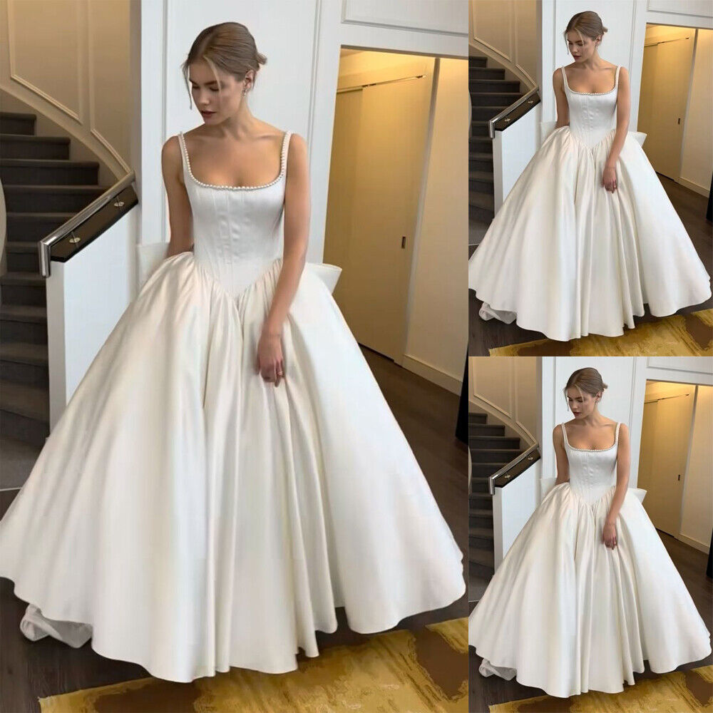 Simple Ball Gown Straps White Satin Long Wedding Dresses Bridal Dress SD2392