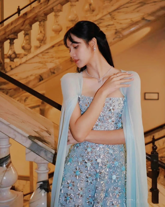 Simple A Line Halter Sleeveless Light Sky Blue Lace Long Prom Dress C1179 main image 0