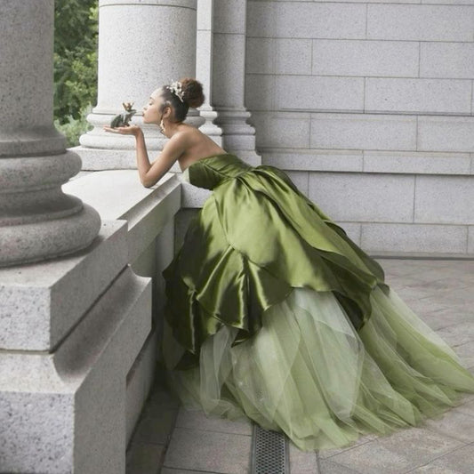 Pretty Ball Gown Strapless Olive Green Long Satin Prom Dresses Formal Evening Dress SD2404