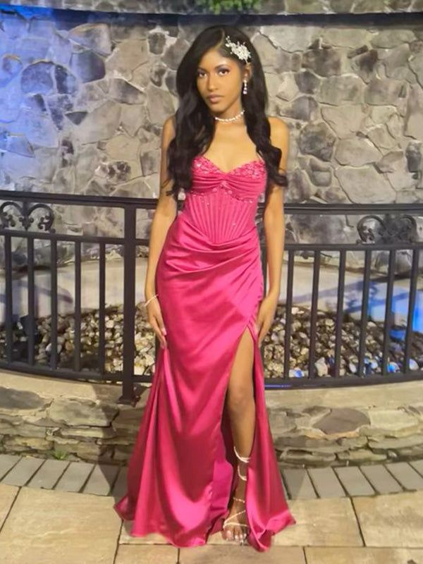 Pretty Mermaid Spaghetti Straps Hot Pink Long Satin Prom Dresses Forma ...