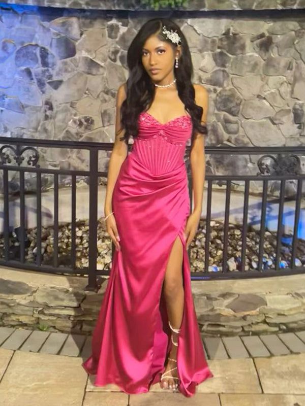 Pretty Mermaid Spaghetti Straps Hot Pink Long Satin Prom Dresses Formal Evening Dress SD2411