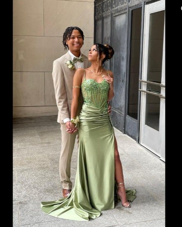 Pretty Mermaid Spaghetti Straps Sage Green Long Satin Prom Dresses Formal Evening Dress SD2416