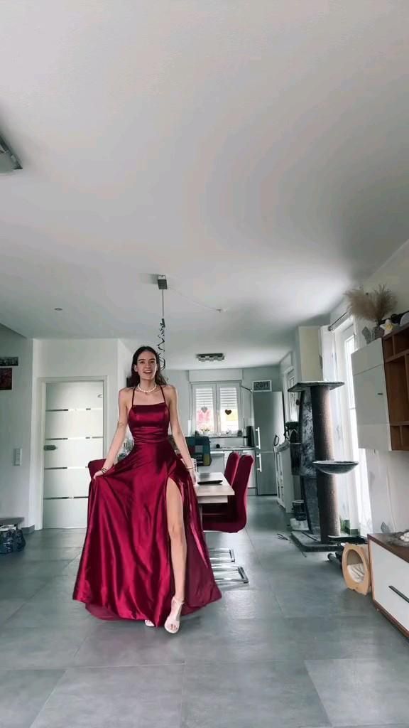 Simple A line Halter Long Party Dress Satin Burgundy Prom Dresses SD2417