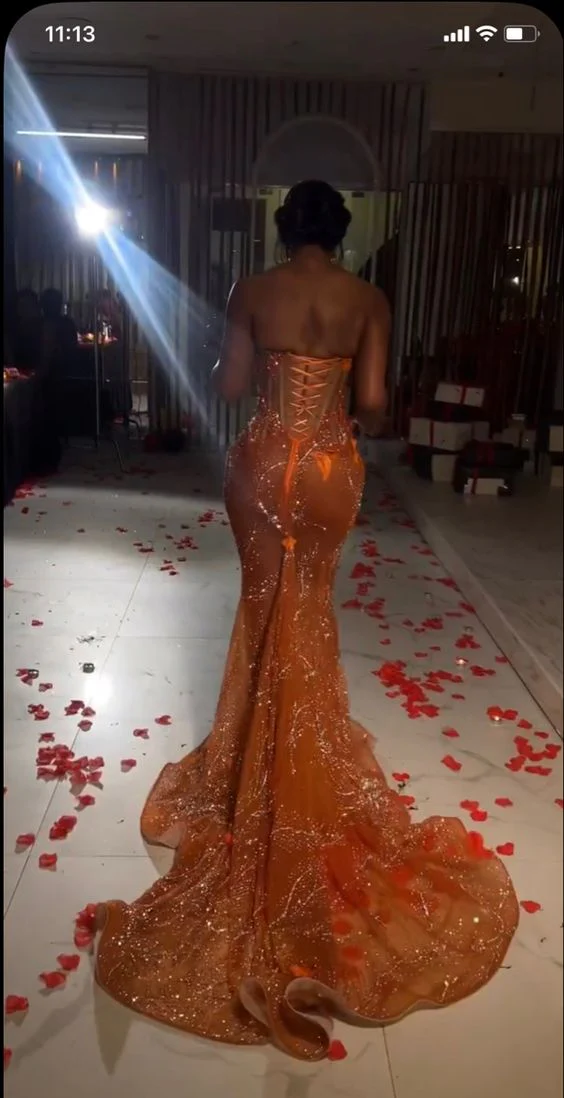 Gorgeous Mermaid Strapless Floor Length Orange Lace Sequin Evening Dress Prom Dresses SD2418