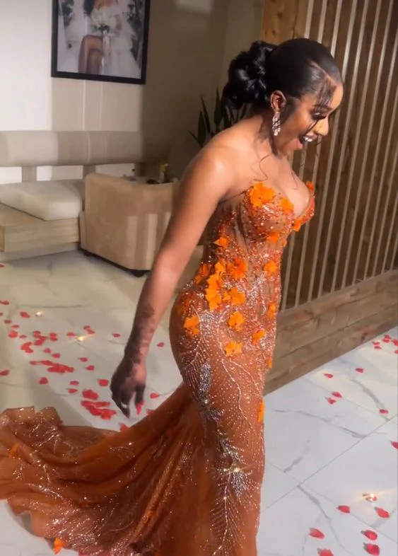 Gorgeous Mermaid Strapless Floor Length Orange Lace Sequin Evening Dress Prom Dresses SD2418