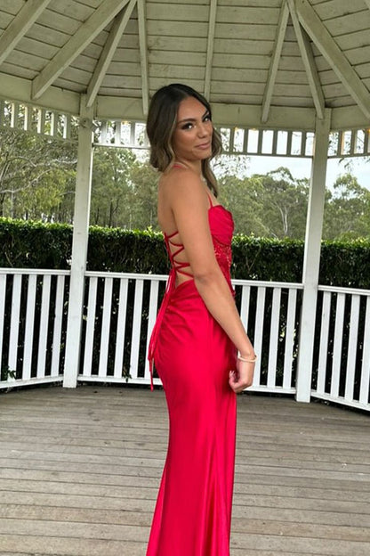 Pretty Mermaid Spaghetti Straps Red Long Satin Prom Dresses Formal Evening Dress SD2419