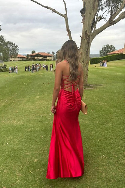 Pretty Mermaid Spaghetti Straps Red Long Satin Prom Dresses Formal Evening Dress SD2419