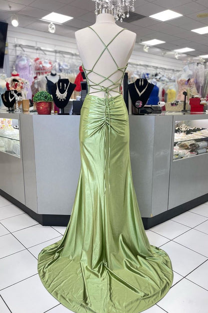 Pretty Sage Scoop Neck Satin Mermaid Long Prom Dress with Slit Formal Gown Evening Dress SD2419