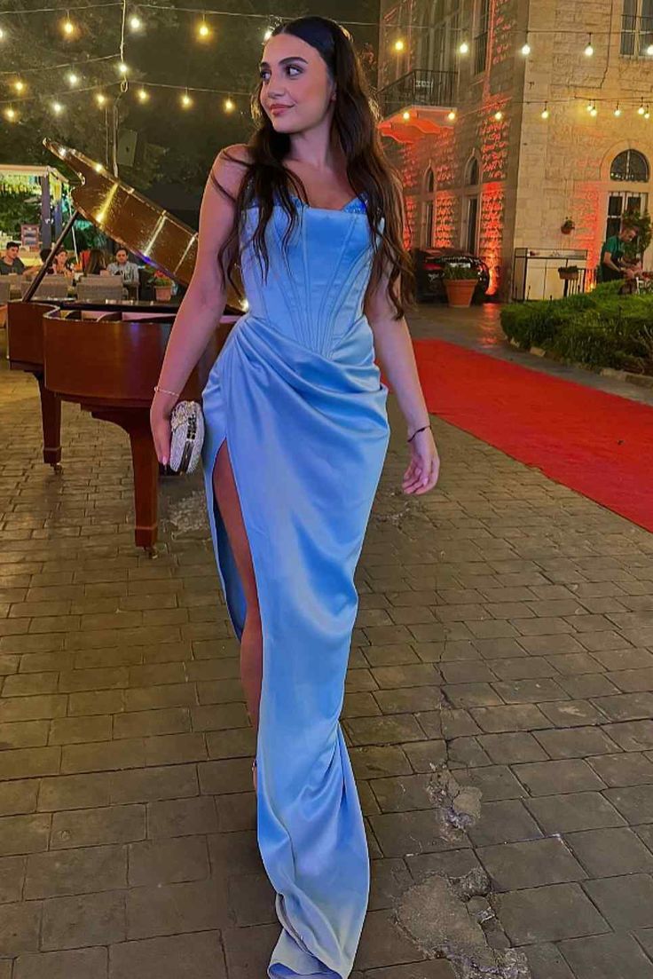 Simple Mermaid Spaghetti Straps Neckline Long Party Dress Satin Blue Slit Prom Dresses SD2423