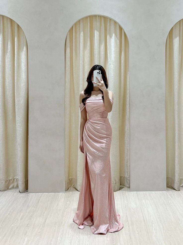 Gorgeous Mermaid Off The Shoulder Sequin Floor Length Pink Slit Evening Dress Prom Dresses SD2425