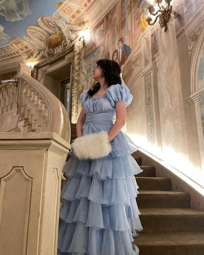 Vintage Ball Gown Square Neckline Short Sleeves Long Party Dress Prom Dresses SD2437