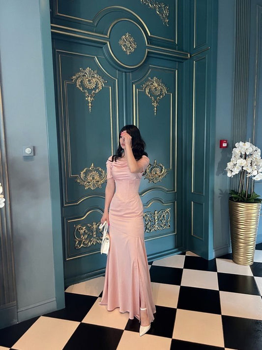 Vintage Mermaid Square Neckline Pink Satin Long Party Dress Prom Dresses SD2439