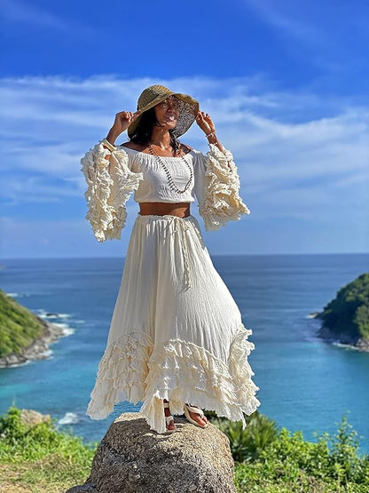 Classy 2 Pieces Off The Shoulder Long Party Dress White Prom Dresses SD2457