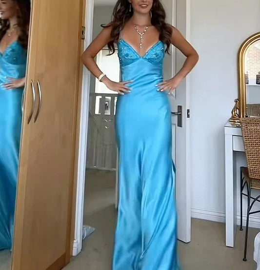 Classy Spaghetti Strap Sleeveless Mermaid Satin Long Backless Prom Dresses SD2470