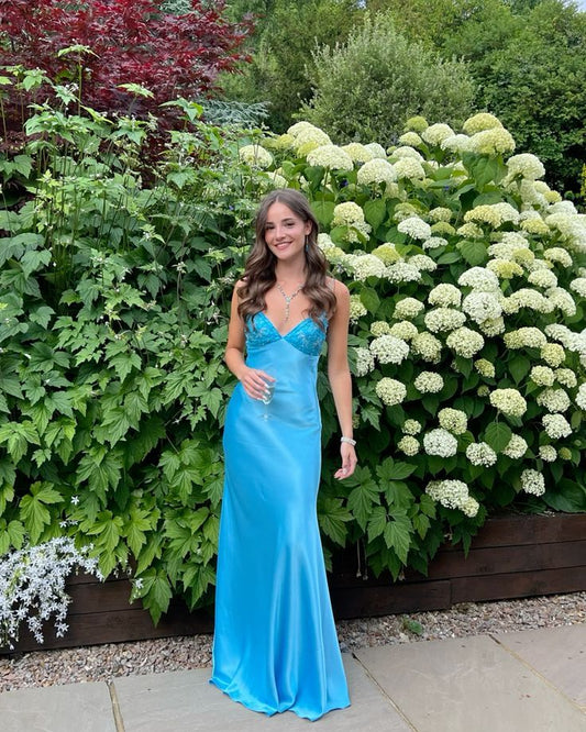Classy V-neck Blue Beaded Back Tie A-line Long Prom Dress SD2470