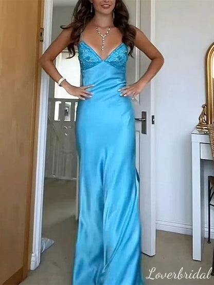 Classy Spaghetti Strap Sleeveless Mermaid Satin Long Backless Prom Dresses SD2470