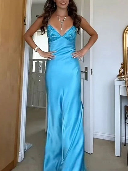 Classy Spaghetti Strap Sleeveless Mermaid Satin Long Backless Prom Dresses SD2470