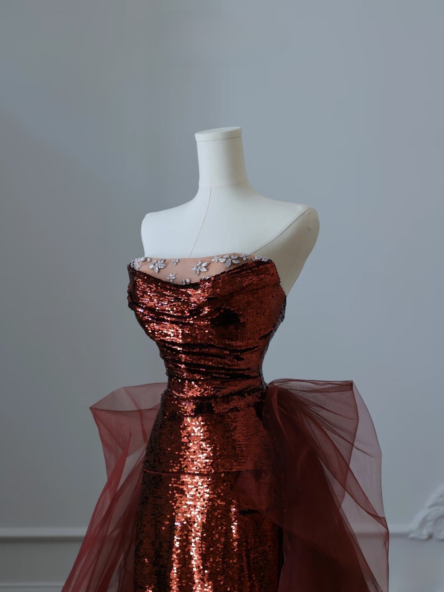 Classy Mermaid Strapless Burgundy Sequin Long Evening Dress Prom Dresses SD2492