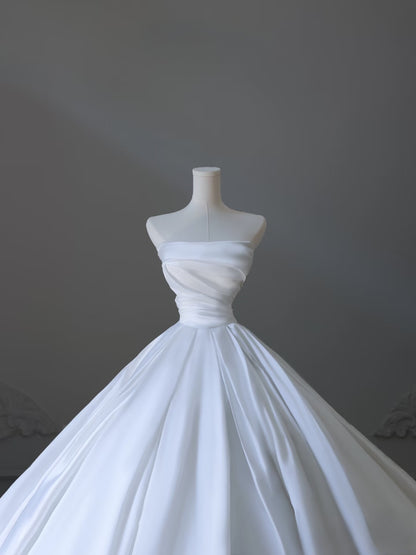 Timeless Ball Gown Strapless Satin White Long Wedding Dress Bridal Dresses SD2493