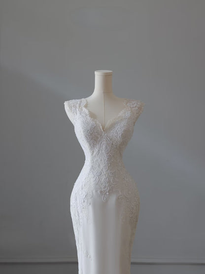 Timeless Mermaid V Neckline Satin Ivory Long Wedding Dress Bridal Dresses SD2496