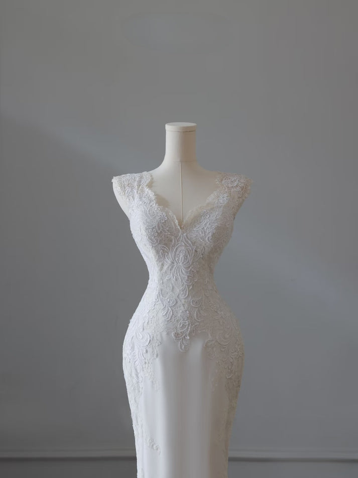 Timeless Mermaid V Neckline Satin Ivory Long Wedding Dress Bridal Dresses main image 0