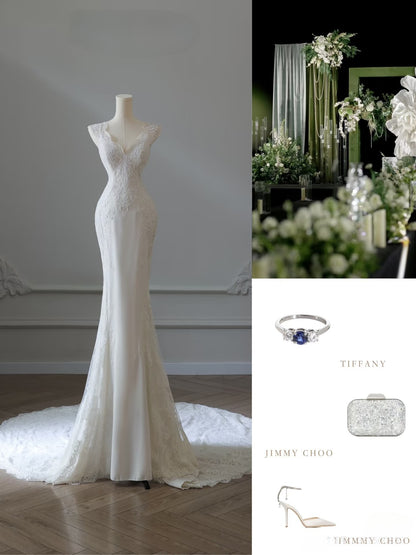 Timeless Mermaid V Neckline Satin Ivory Long Wedding Dress Bridal Dresses SD2496