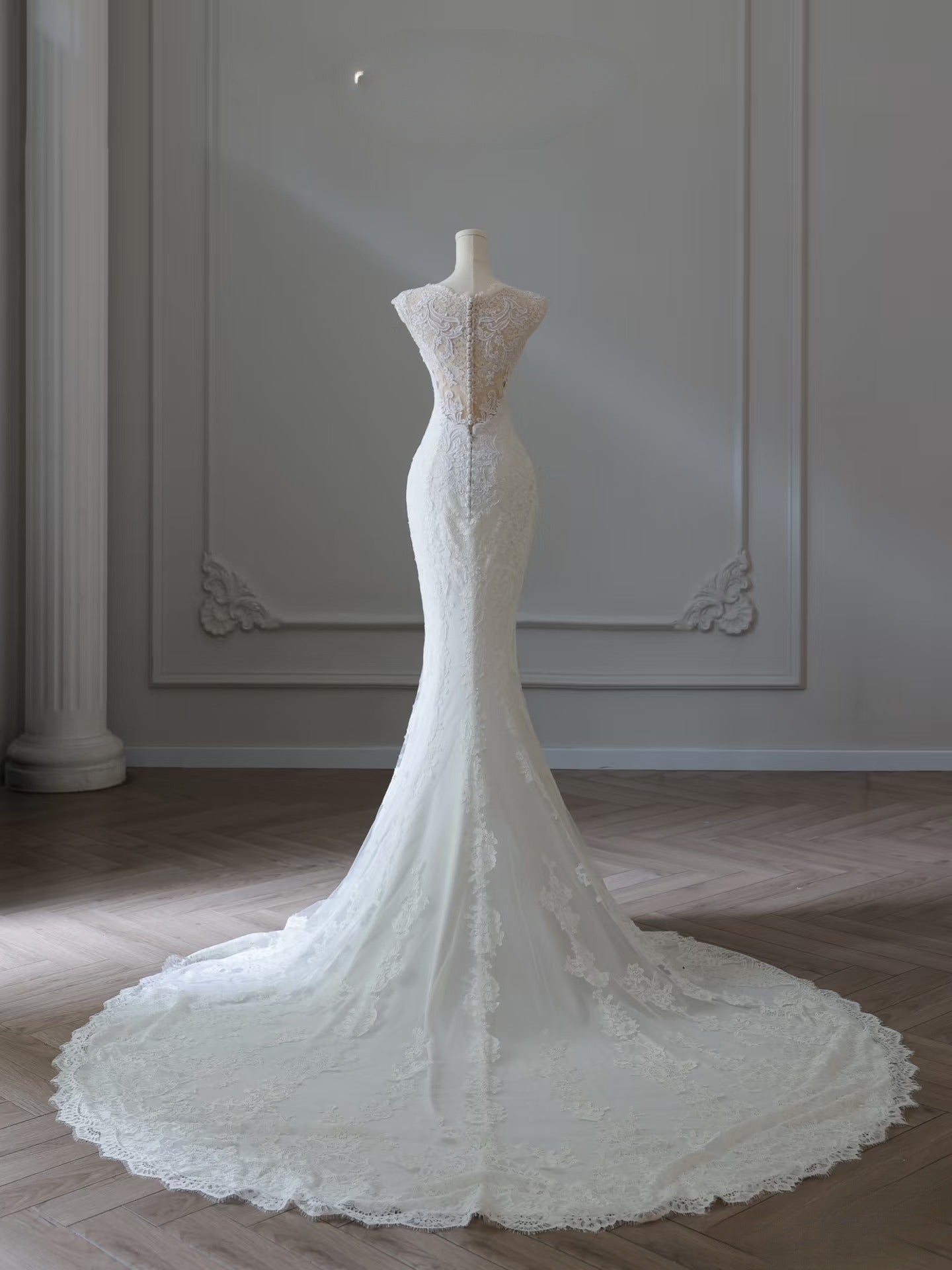 Beautiful Long Ivory Mermaid V-neck Satin Beading Sleeveless Wedding Dress main image 1