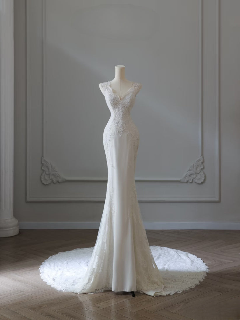 Ivory Halter Neck Stretchy Satin Informal Slit Mermaid Wedding Dress