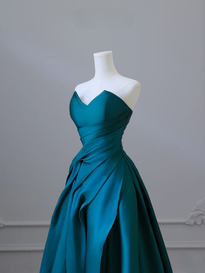 Classy Ball Gown Strapless Satin Ruffles Long Evening Dress Prom Dresses SD2498