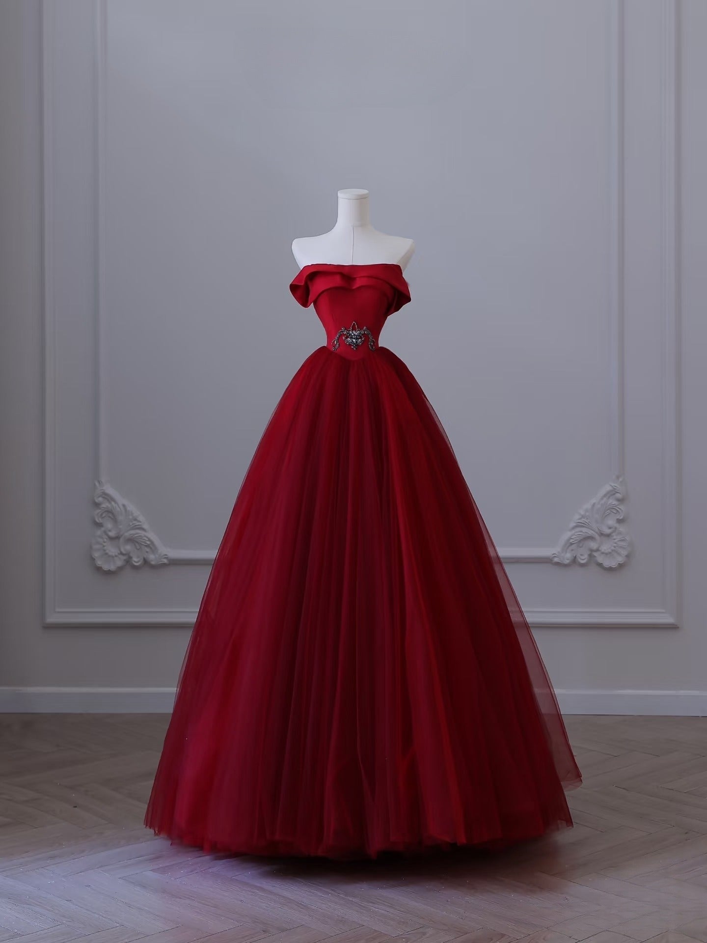 Classy Balll Gown Strapless Red Tulle Long Evening Dress Prom Dresses SD2516