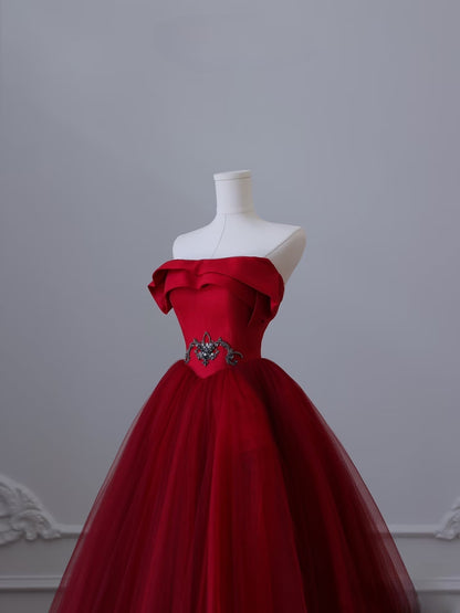 Classy Balll Gown Strapless Red Tulle Long Evening Dress Prom Dresses SD2516