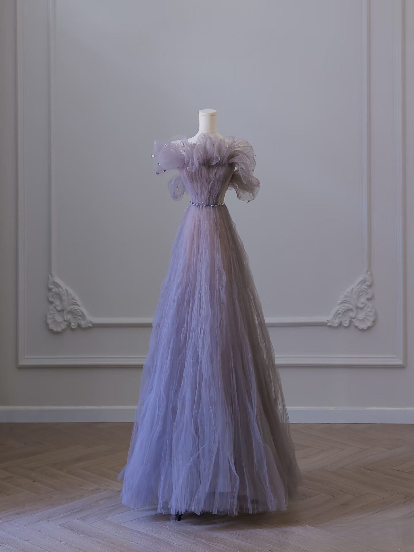 Classy A Line Off The Shoulder Lilac Tulle Long Evening Dress Prom Dresses SD2520
