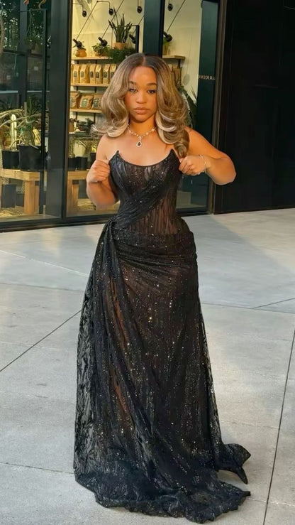 Sexy Mermaid Spaghetti Straps Sequin Slit Black Long Prom Dresses Party Dress SD2278