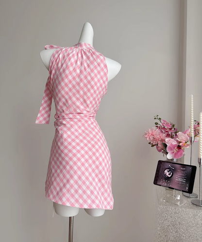 Halter Neck Off Shoulder Pink Plaid Sleeveless Dress Irregular Bow Holiday Dresses SD258