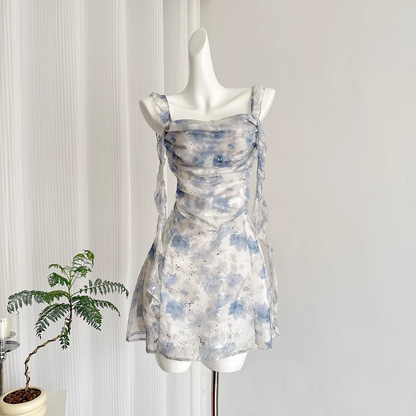 Sheath Straps Sleeveless Floral Blue Dress Short Holiday Dresses SD260